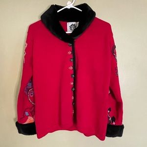 Storybook Knits red embellished cardigan. Beaded with faux fur. (S)